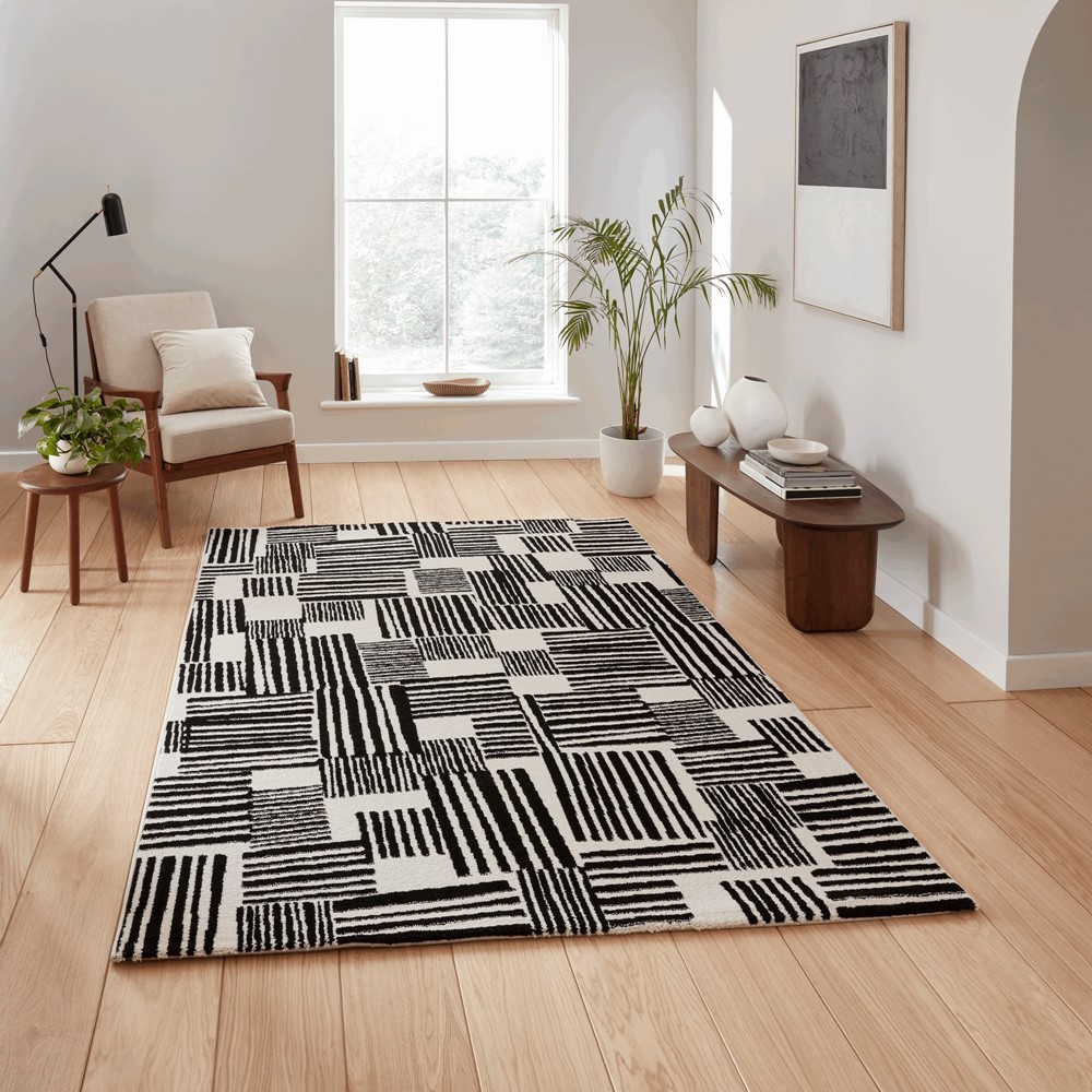 Blocks Modern Geometric Washable Rugs by Catherine Lansfield in Black White